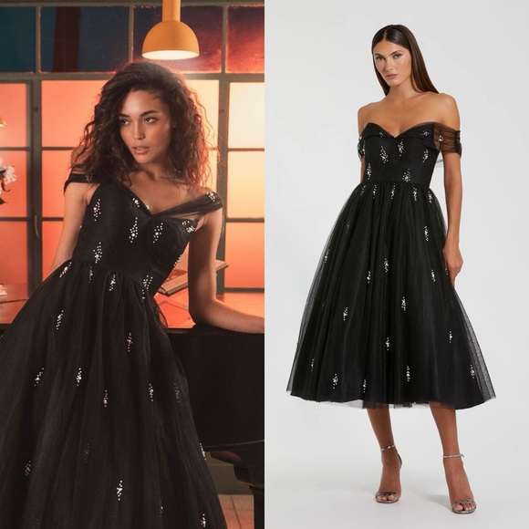 MAC DUGGAL Black Tulle Off The Shoulder Pearl Dress 2 - Picture 1 of 11